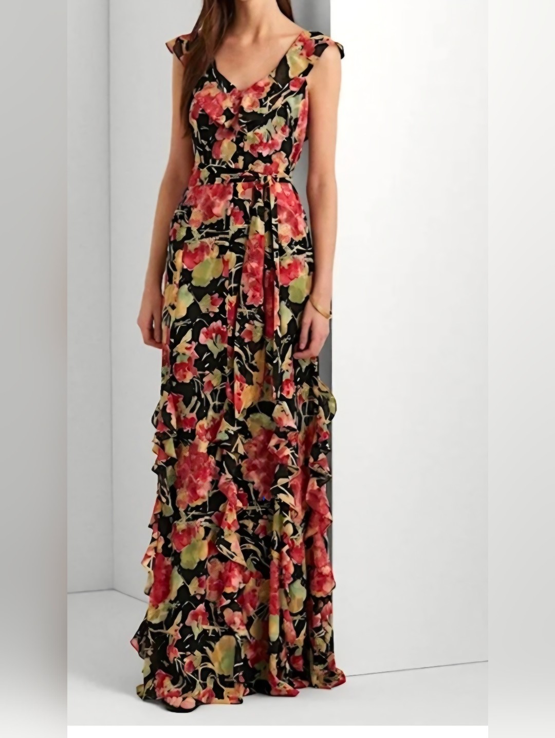 Lauren Floral Ruffle V-Neck Maxi Dress In Black And Red